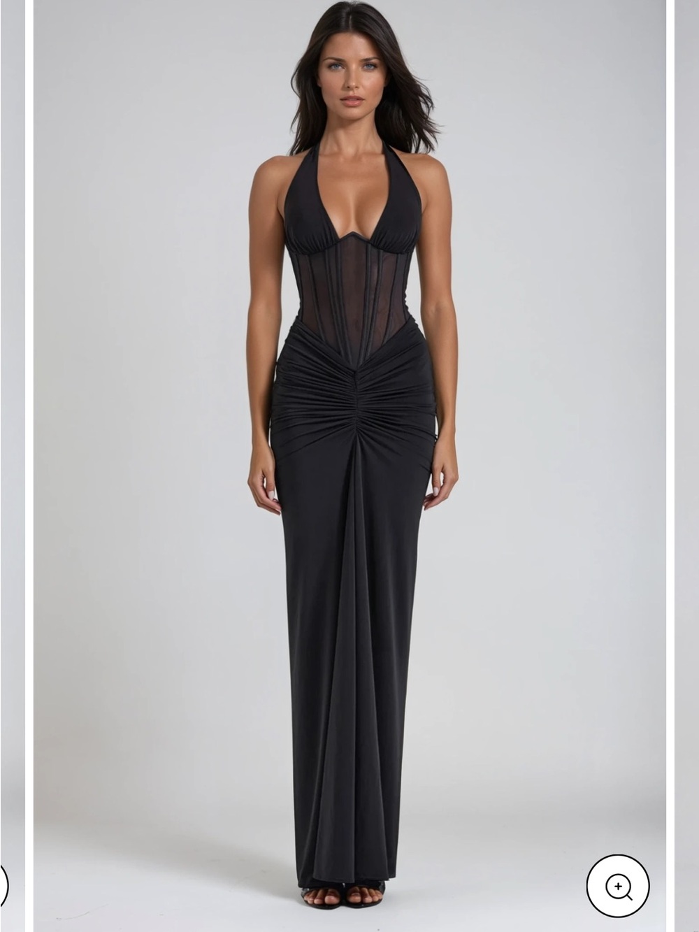 Black Halter Corset Maxi Dress with Ruched Waist
